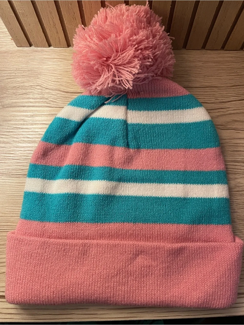 Disney Pink, Teal & White Stripe Kids Pom-Pom Beanie with Stitch Patch New